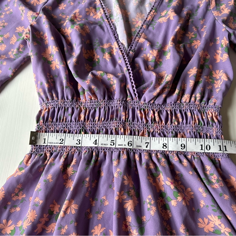Wayf: Delancy Smocked Waist Lavender Floral Print Boho Mini Dress XS - Picture 5 of 8